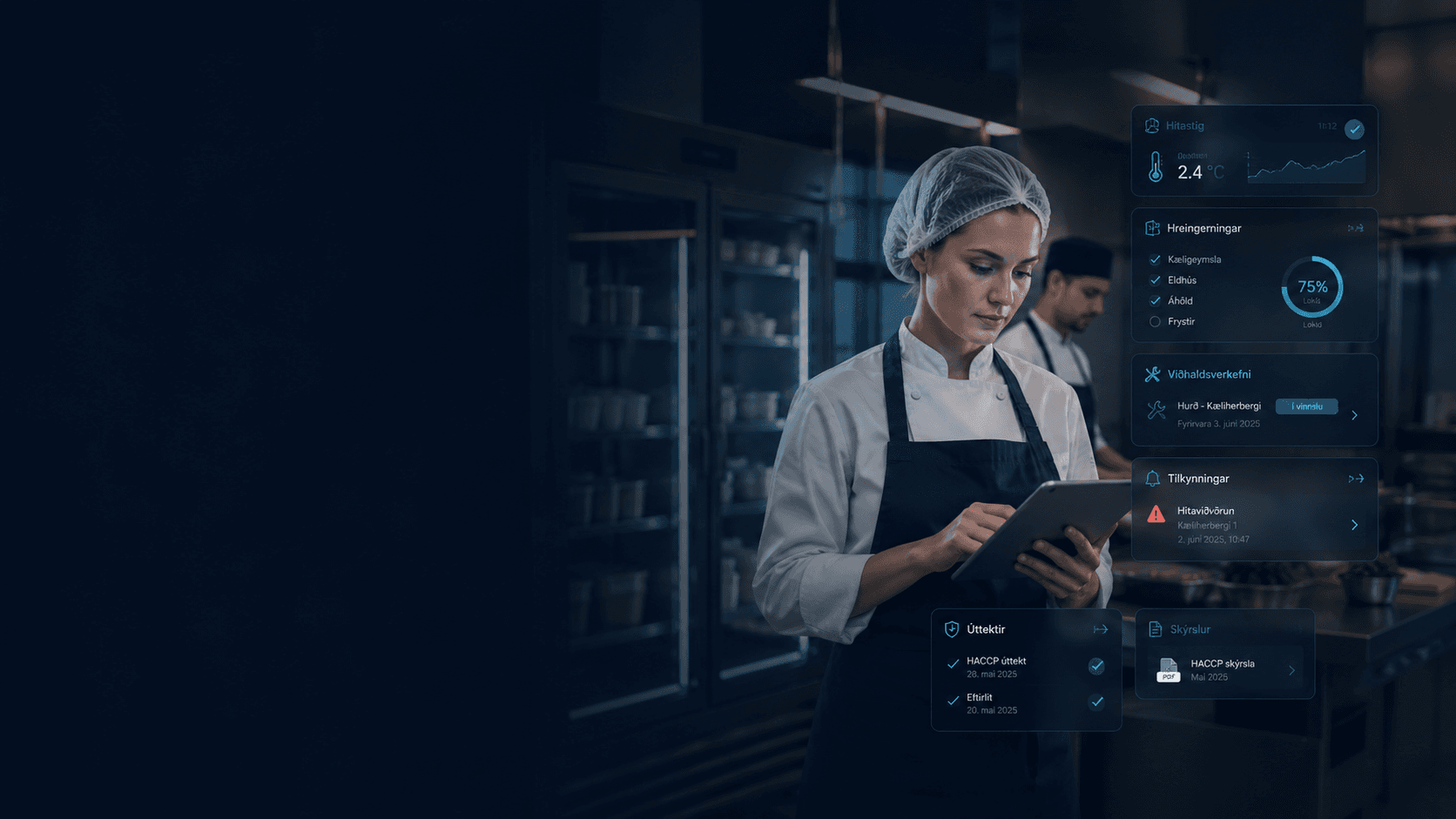 Chef using a tablet in a commercial kitchen with HrimGuard-style monitoring cards overlaid.